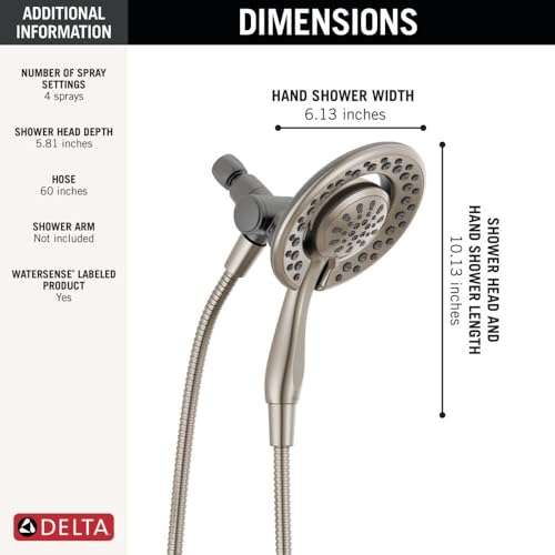 Delta 4-setting showerhead with handheld sprayer in brushed nickel, 6.13 inches wide with 60-inch hose.