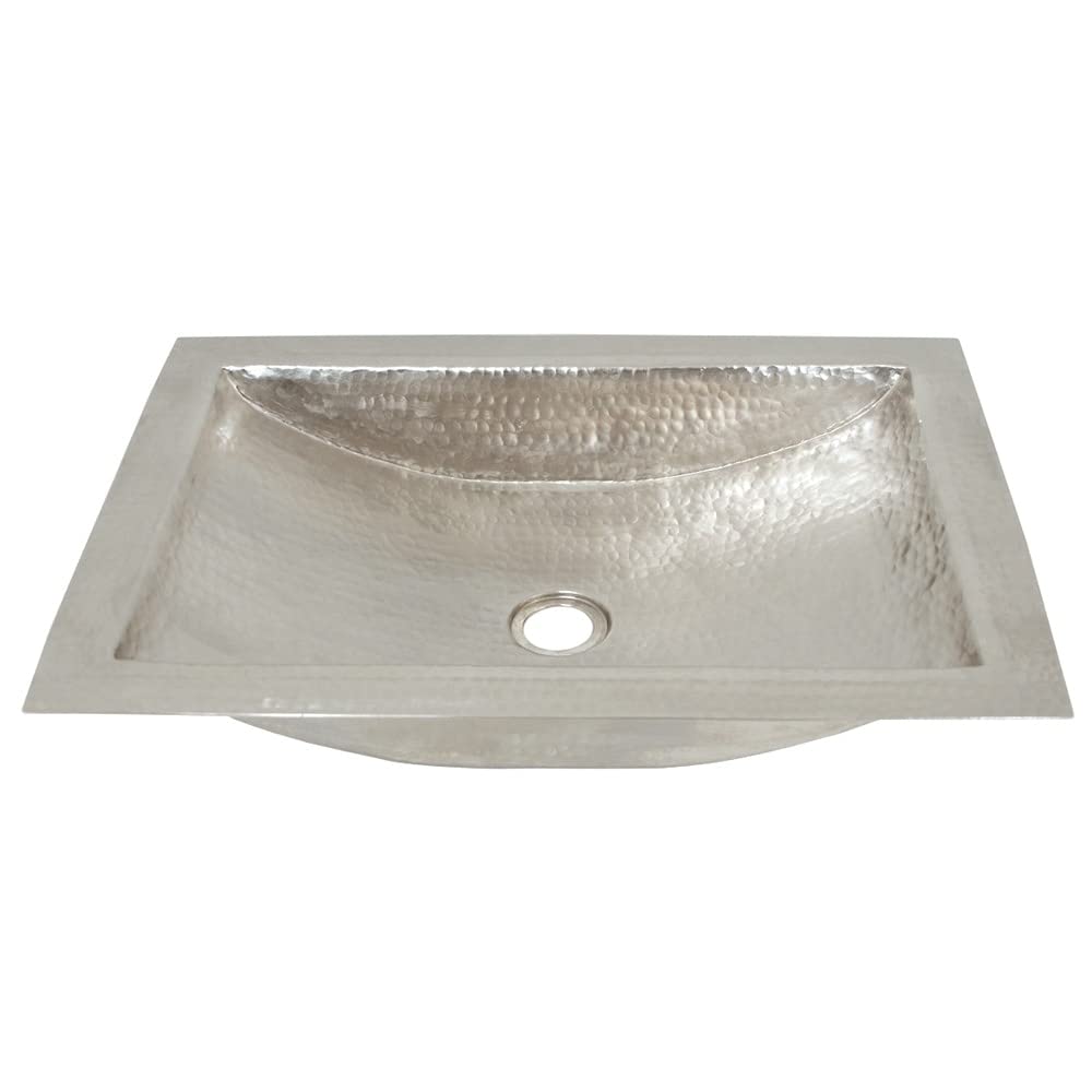 Hammered copper rectangular bathroom sink with curved basin and single drain hole.