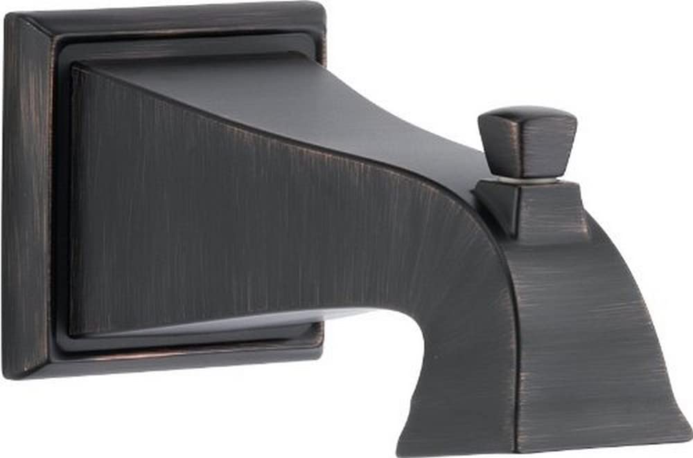 Venetian bronze tub spout with pull-up diverter, curved rectangular outlet and square mounting plate.