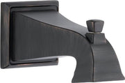 Venetian bronze tub spout with pull-up diverter, curved rectangular outlet and square mounting plate.