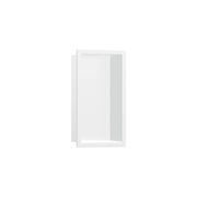 Matte white rectangular wall niche with integrated frame and recessed storage compartment.