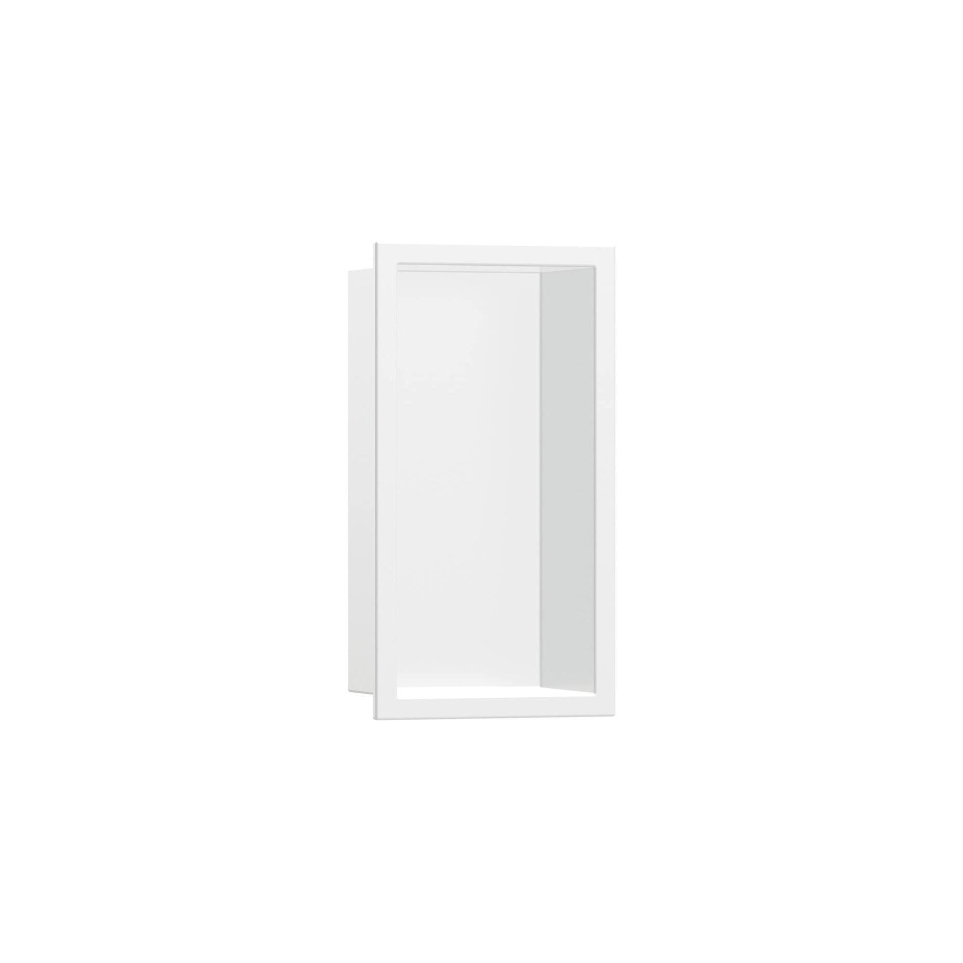 Matte white rectangular wall niche with integrated frame and recessed storage compartment.