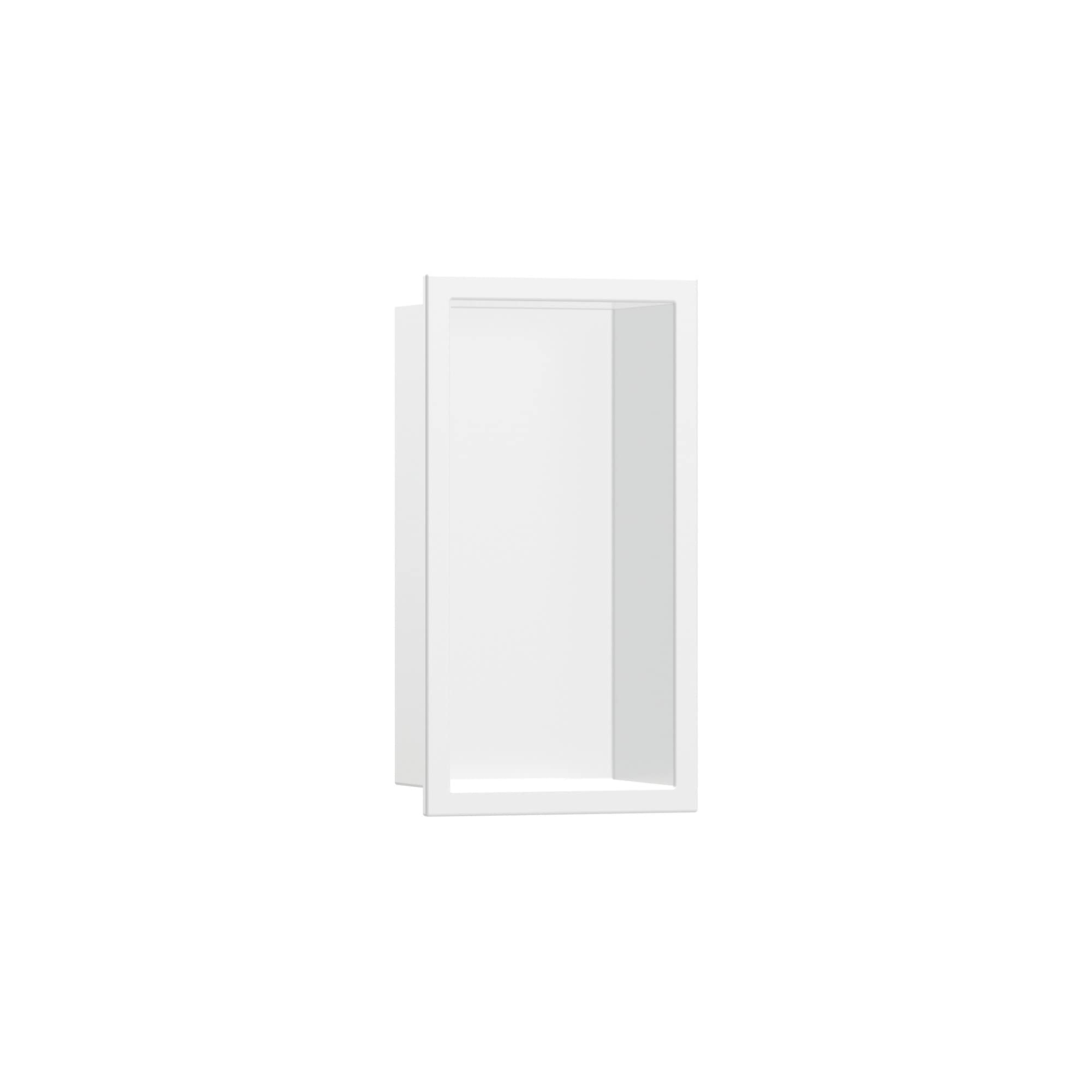 Matte white rectangular wall niche with integrated frame and recessed storage compartment.