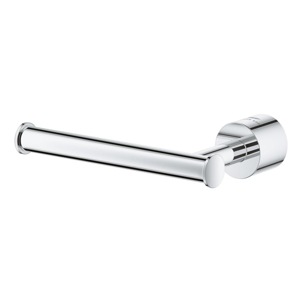 Grohe Atrio brushed metal toilet paper holder with cylindrical bar and round mounting bracket, shown horizontally.