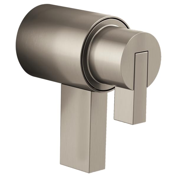 Brushed nickel thermostatic valve trim with cylindrical body and rectangular lever handle.