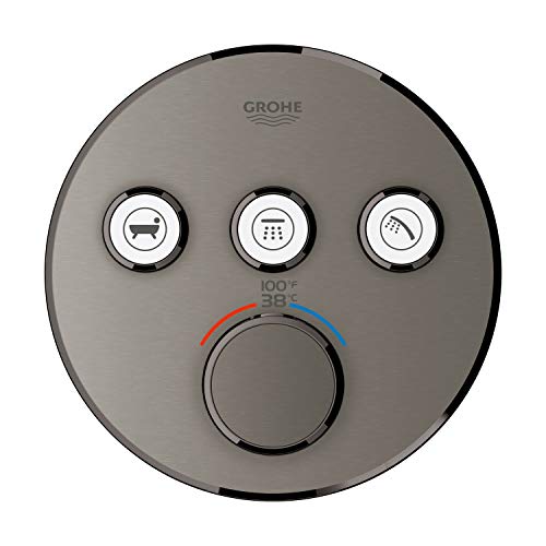 Grohe hard graphite circular thermostatic valve trim with three function buttons and central temperature control dial showing