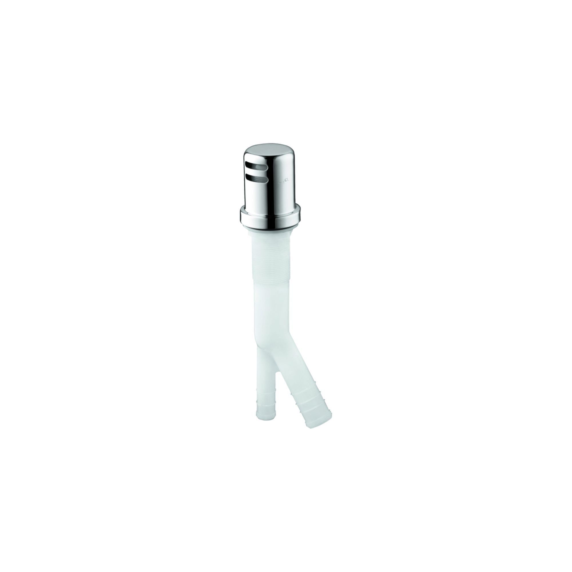 Chrome kitchen air gap with white plastic tube and dual outlet ports.