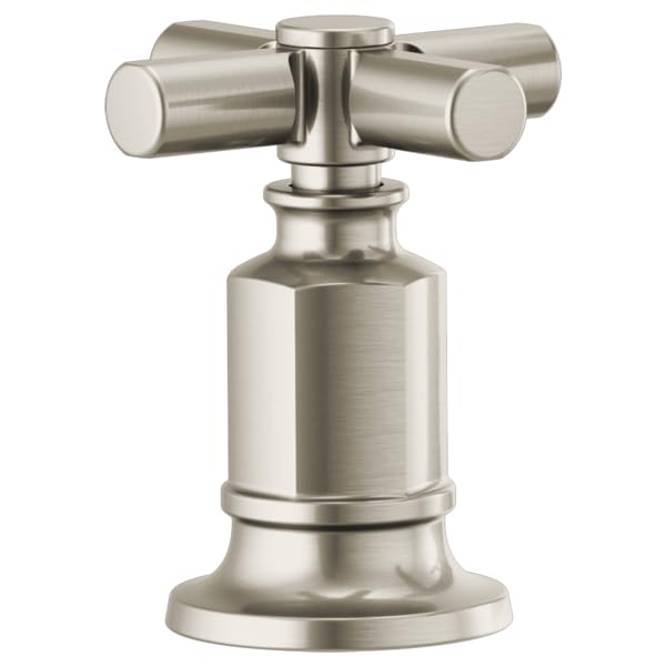 Brushed nickel roman tub faucet with two cross handles and cylindrical spout body on pedestal base.
