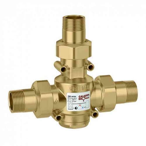 Brass Caleffi anticondensing valve with 1" NPT threaded ports and side outlet connections.