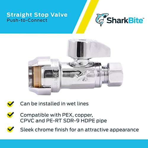 SharkBite straight stop valve with push-to-connect and compression fitting ports, chrome finish.