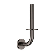 Hard graphite metal toilet paper holder with curved arm and wall-mounted circular base.