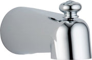 Chrome tub spout with pull-up diverter and rounded dome handle mounted on white wall plate.