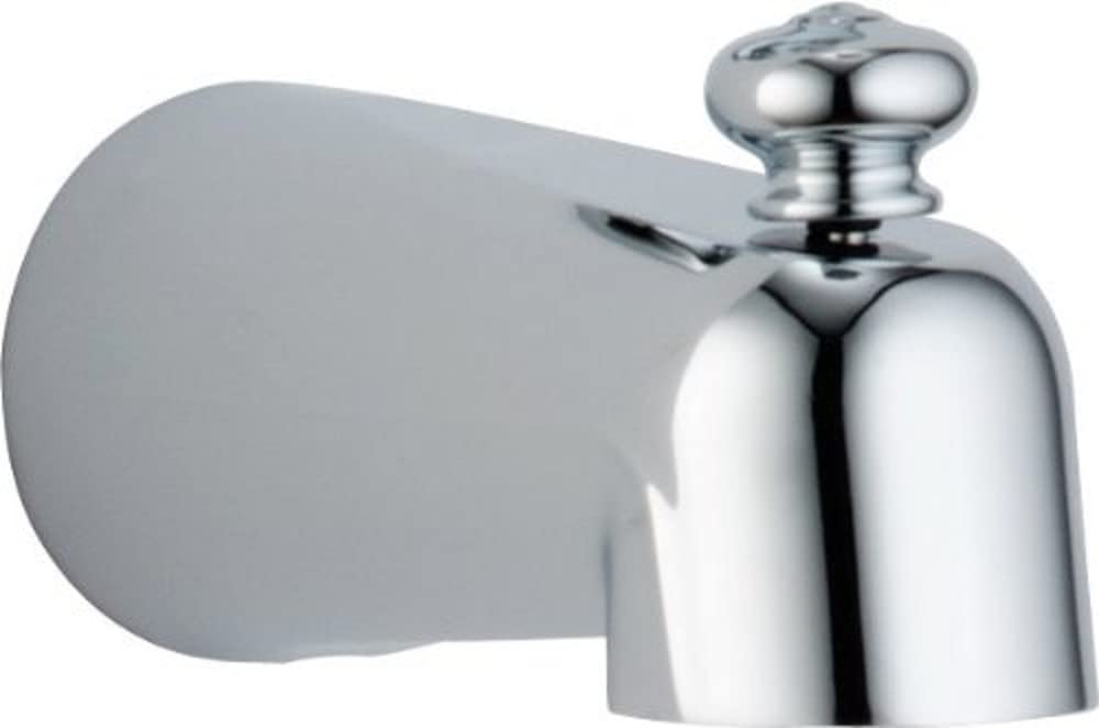 Chrome tub spout with pull-up diverter and rounded dome handle mounted on white wall plate.