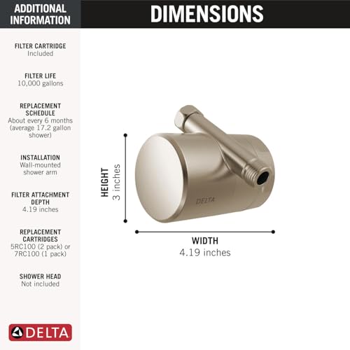 Delta Clarifi shower filter attachment in brushed nickel, cylindrical with spray arm, measuring 3 inches height by 4.19 inche