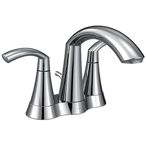 Chrome bathroom faucet with two handles and high arcing spout in centerset configuration.