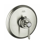 Brushed nickel thermostatic shower valve trim with circular trim plate and single lever handle.
