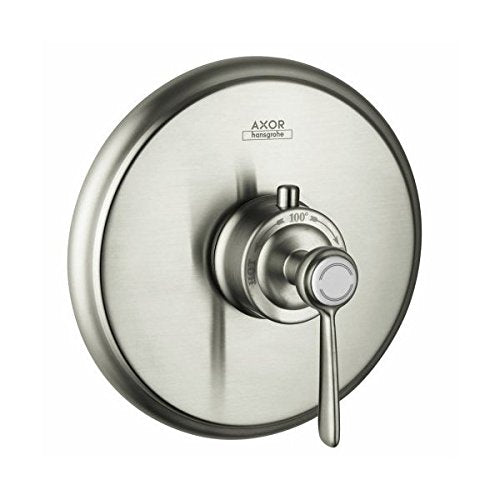 Brushed nickel thermostatic shower valve trim with circular trim plate and single lever handle.