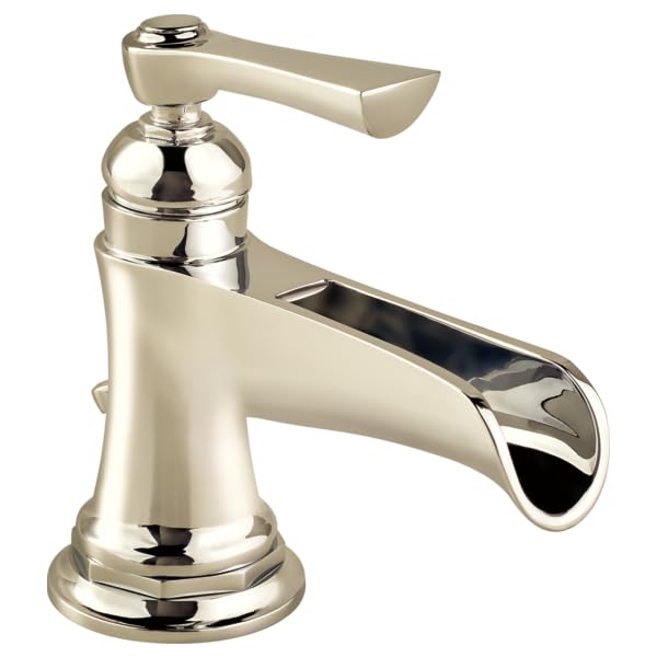 Chrome single-handle bathroom faucet with curved channel spout and round base.