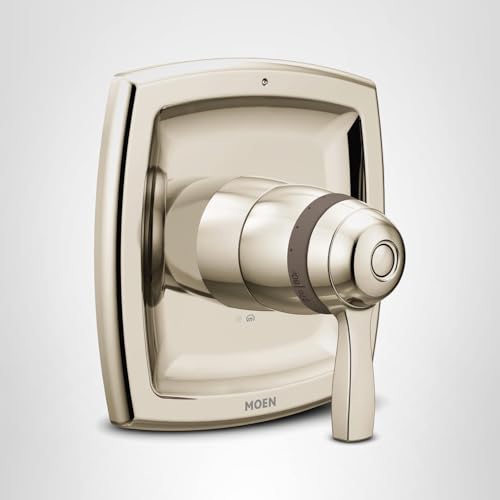 Polished nickel thermostatic shower valve trim with single lever handle and rectangular escutcheon plate.