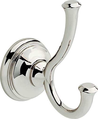 Chrome double robe hook with curved arms mounted on circular wall plate.