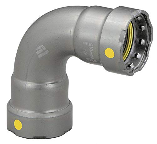 Silver metal 90-degree elbow connector with yellow indicator dots and press-fit ends for 1-1/2" piping.