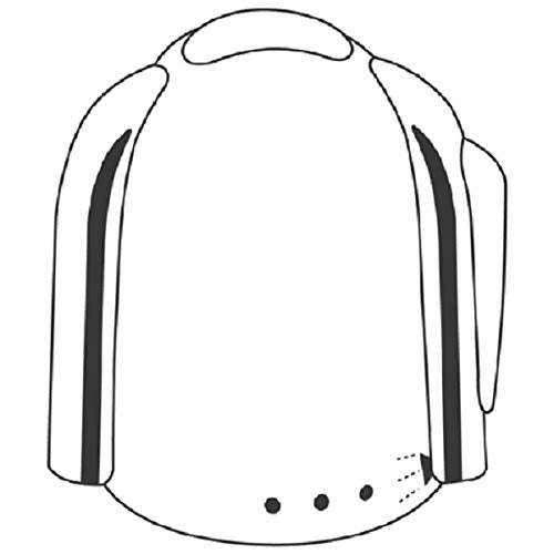 Chrome volume control handle with rounded top and side grips, featuring small dotted flow control markings on lower right.