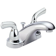 Chrome two-handle bathroom faucet with curved spout and lever handles on circular base.