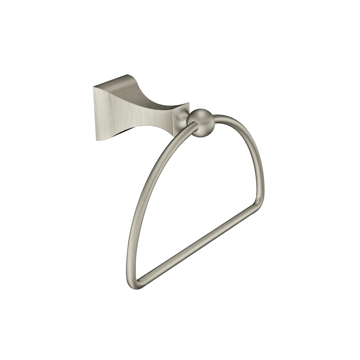 Brushed nickel wall-mount towel ring with curved loop and decorative bracket.