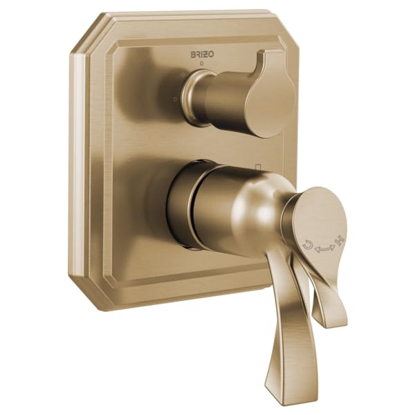 Champagne bronze thermostatic valve trim with two circular handles and rectangular escutcheon plate on white background.