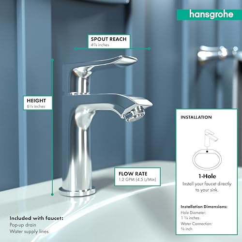 Chrome single-hole bathroom faucet with curved spout and lever handle, 6.5 inches tall, 4.75 inches spout reach.