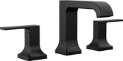 Matte black three-piece bathroom faucet with two lever handles and curved spout in widespread configuration.