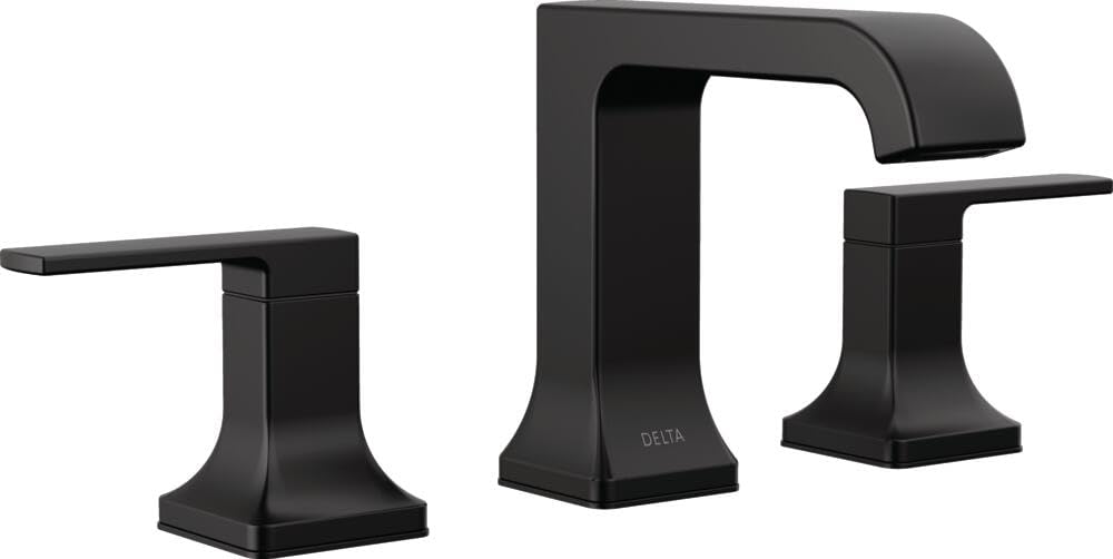 Matte black three-piece bathroom faucet with two lever handles and curved spout in widespread configuration.
