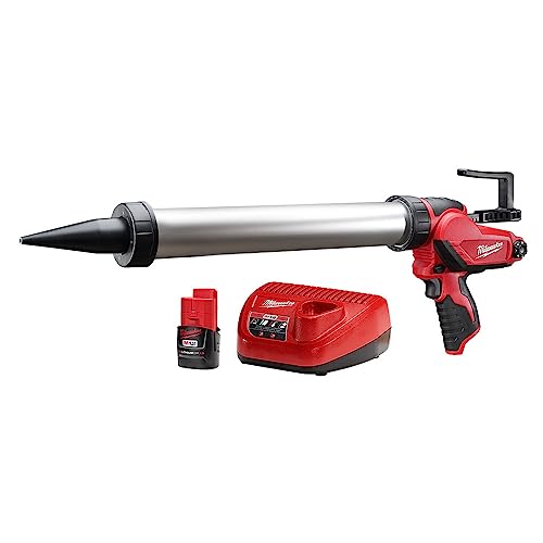 Milwaukee M12 cordless caulk gun with battery and charger displayed.