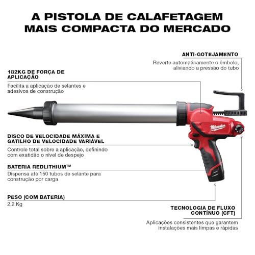 Milwaukee M12 cordless caulk gun with red and black body, showing barrel, trigger, battery, and labeled features.