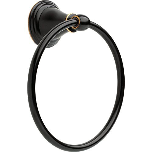 Black towel ring with matte finish, circular loop design, and decorative mounting flange with gold accent band.