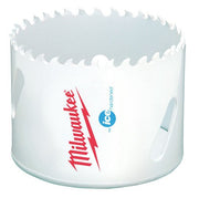 White bi-metal hole saw with jagged cutting edge, Milwaukee branding, and size markings on cylindrical body.