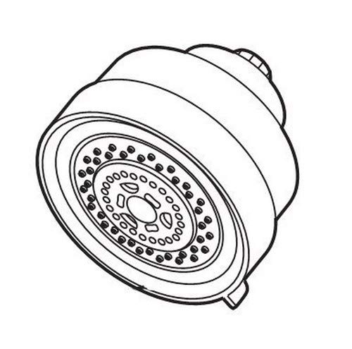Stainless steel shower head with multiple spray holes and curved body design shown in technical line drawing.