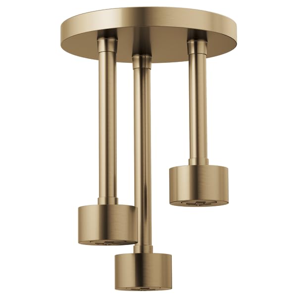 Brushed gold ceiling-mounted shower head with three cylindrical pendant nozzles hanging from a round canopy.