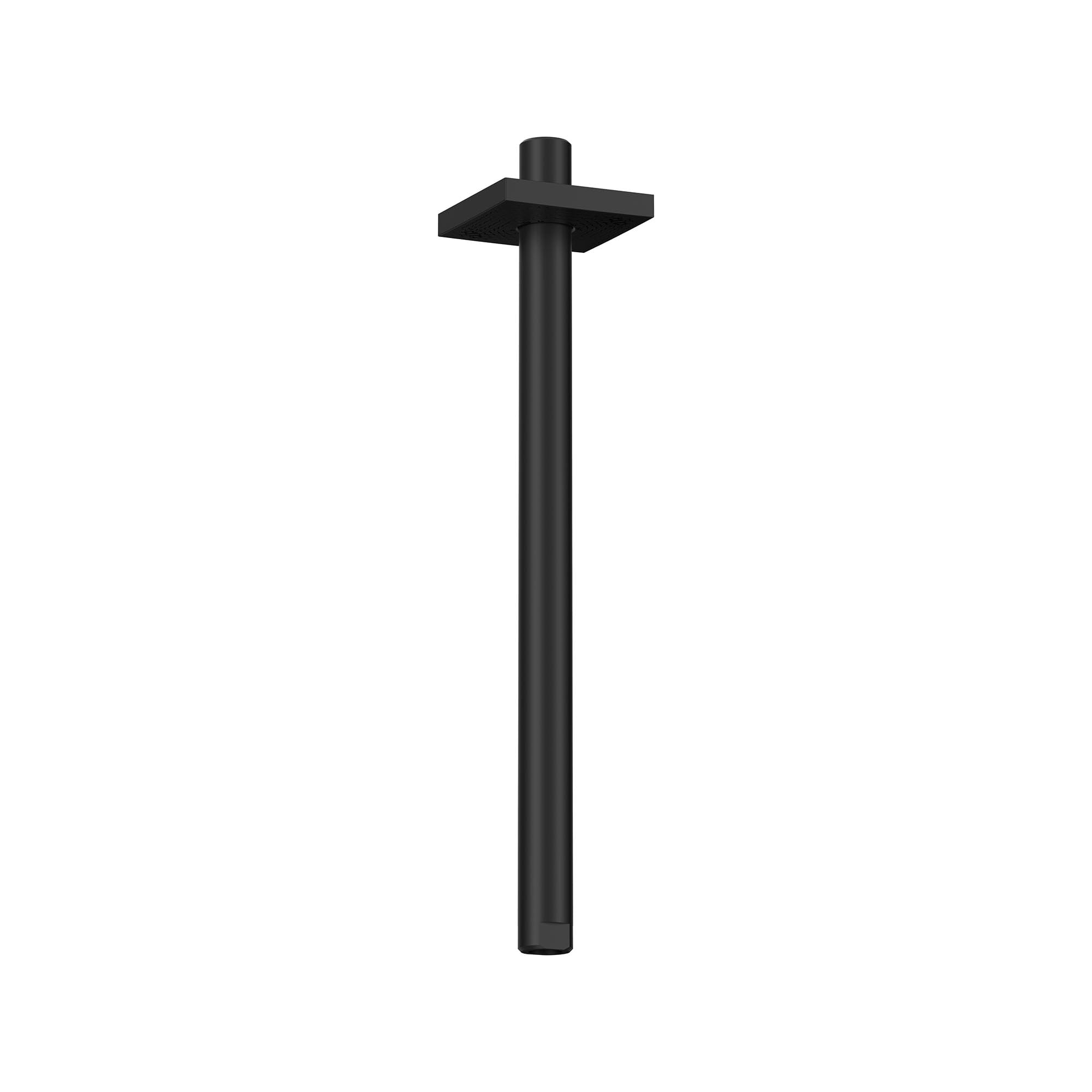 Matte black ceiling shower arm with square mounting flange and cylindrical pipe extending downward.