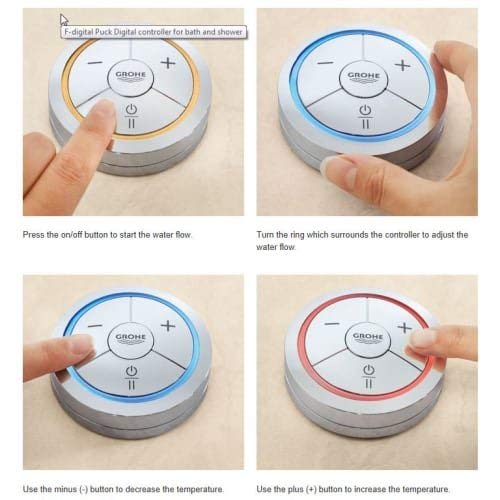 Grohe F-Digital chrome controller with circular dial, plus/minus buttons, and power icon for bath and shower temperature cont