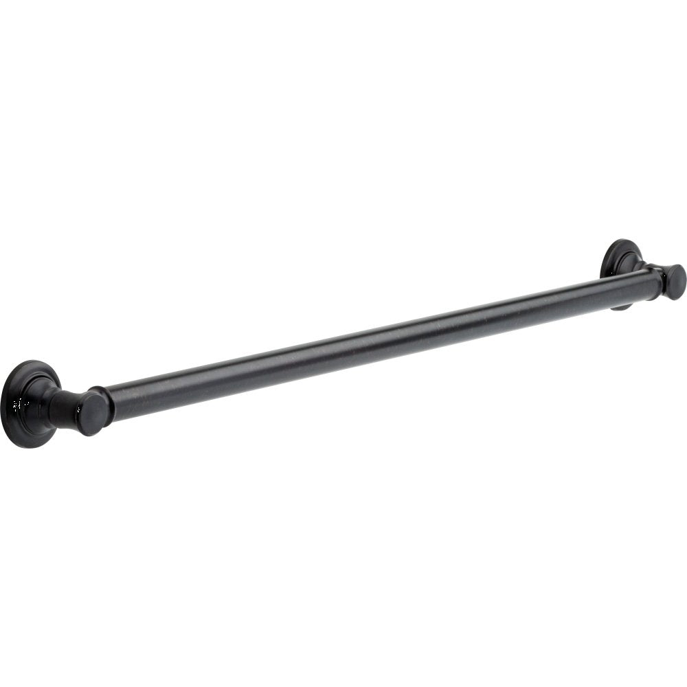 Matte black horizontal grab bar with decorative circular flanges at both ends for wall mounting.