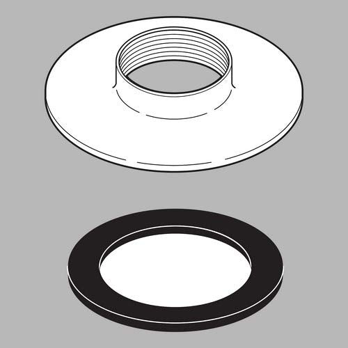Polished brass escutcheon ring with threaded center and black mounting flange for tile installation.