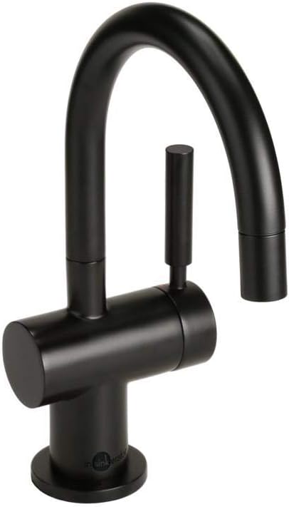 Matte black instant hot water dispenser faucet with curved dual handle design and cylindrical spout.