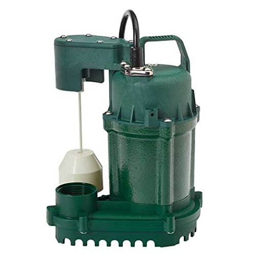 Green cast iron submersible sump pump with black handle, float switch, and outlet port on base.