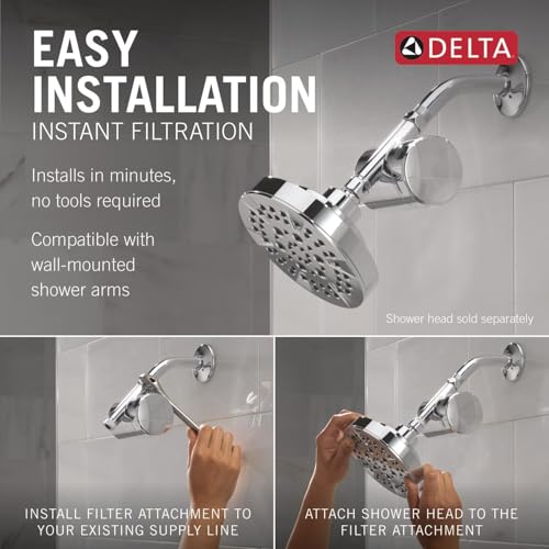 Chrome shower filter attachment with perforated spray face and curved arm for wall mounting installation.