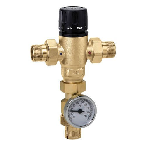 Caleffi 521410AC MixCal 3-way Mixing Valve 1/2" NPT w/Check Valves & Temp Gauge