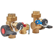 Brass valve set with 3/4 inch female connections, red and blue handles, and relief valve component.