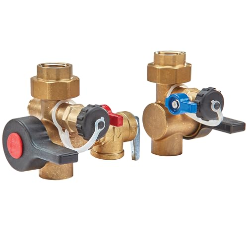 Brass valve set with 3/4 inch female connections, red and blue handles, and relief valve component.