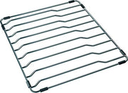 Stainless steel grid with parallel curved wires and corner feet for bar sink bottom protection.