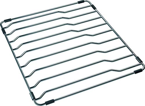 Stainless steel grid with parallel curved wires and corner feet for bar sink bottom protection.